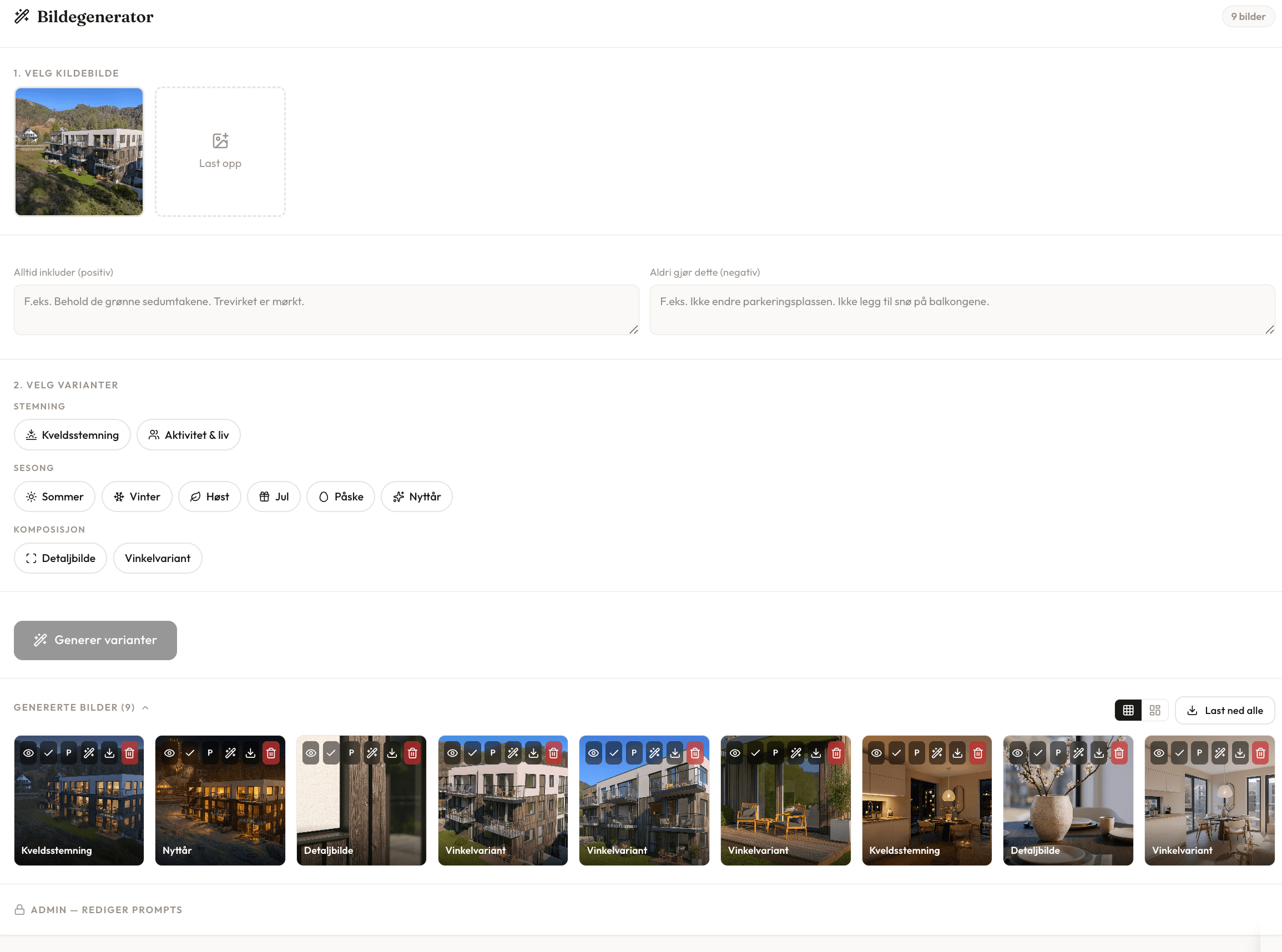 The image generator tool: AI variants of a 3D render with options for light, season and crop