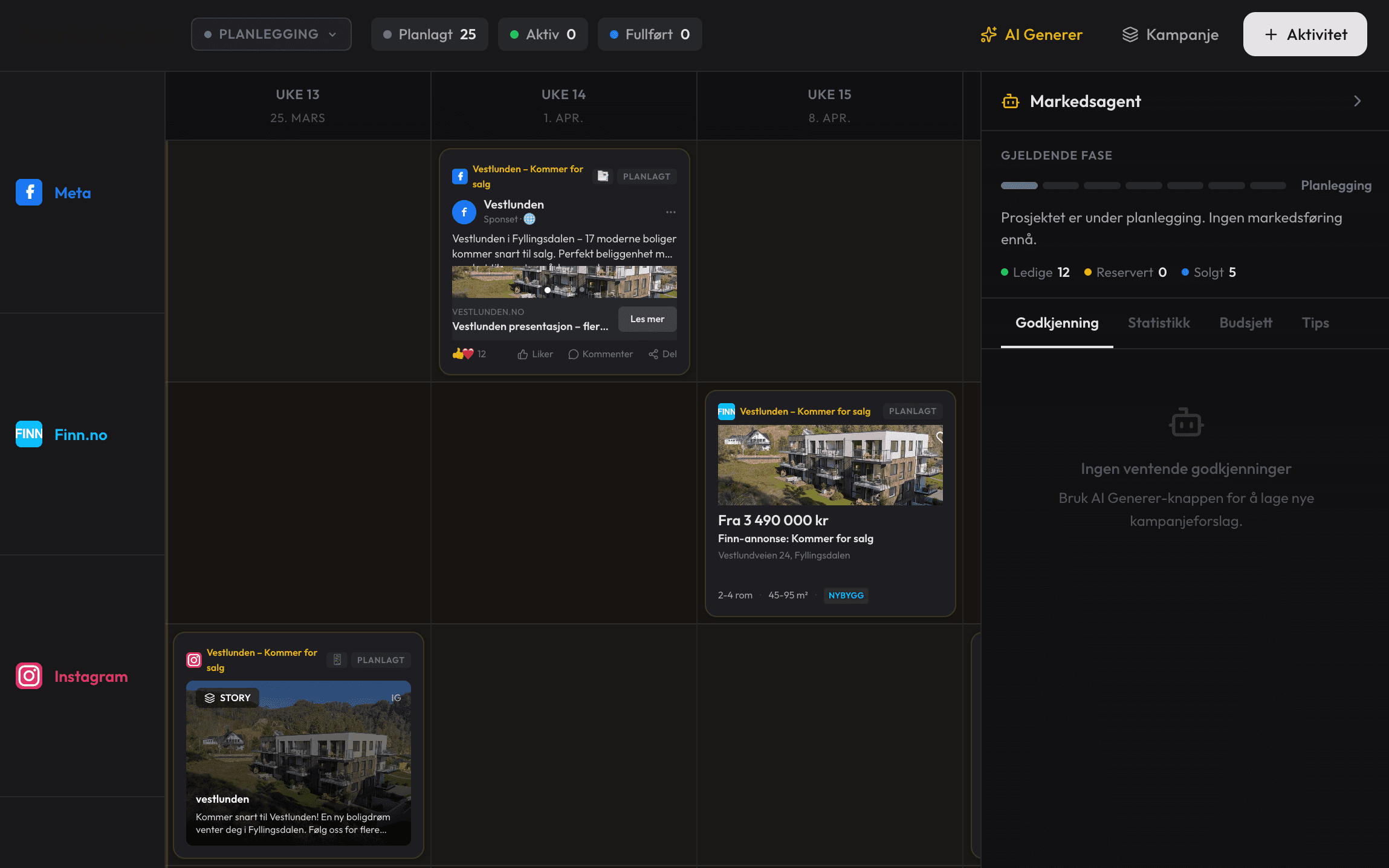 The marketing plan tool: a week-by-week campaign calendar with Meta, Finn and Instagram activities for the Vestlunden project