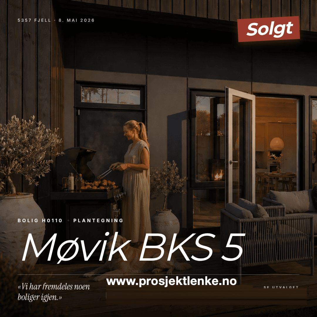 Sales poster generated on sale: «Møvik BKS 5: Sold», evening shot with barbecue terrace