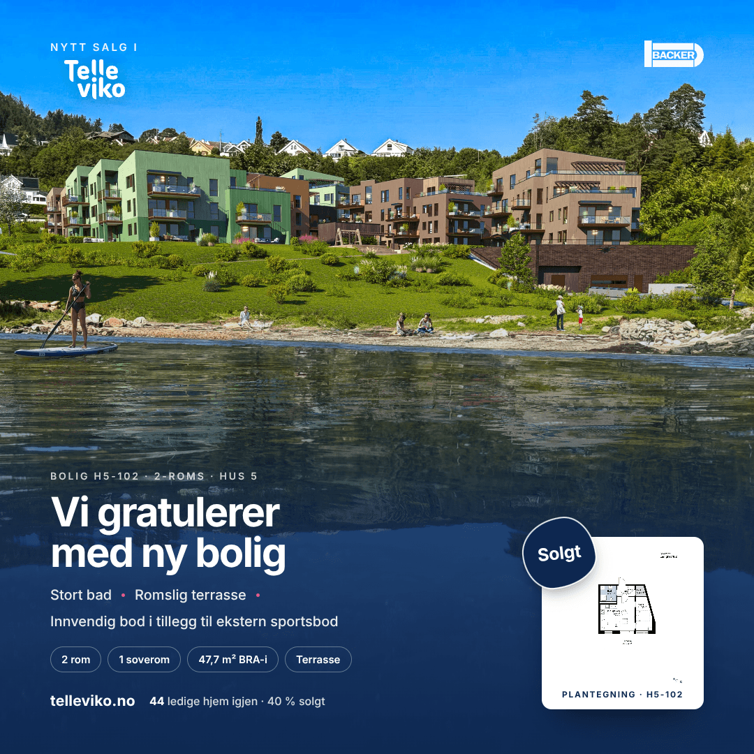 Sales poster for Telleviko: «Congratulations on your new home», sold unit with a view over the fjord