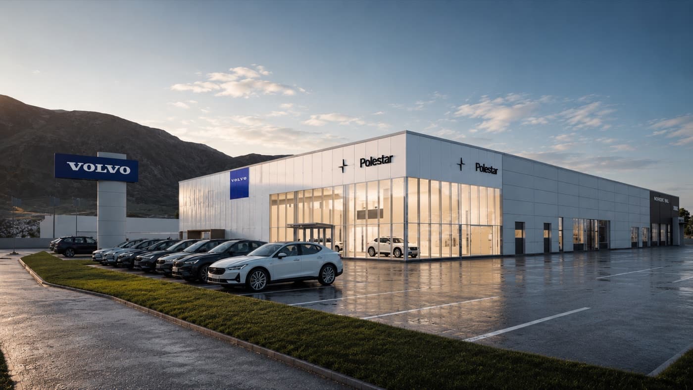 Fotorealistisk 3D-visualisering av Nardo Bils Volvo- og Polestar-anlegg i Kristiansund Næringspark — AI-løftet fra kundens skisse